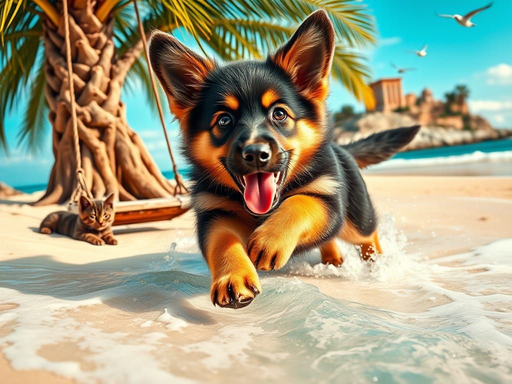Joyful German Shepherd Puppy Plays on Mediterranean Beach