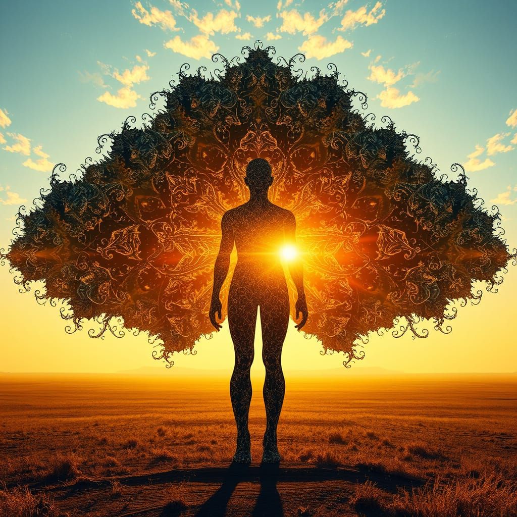 Fractal Dreamscape: Mirrored Figure in Psychedelic Sunset