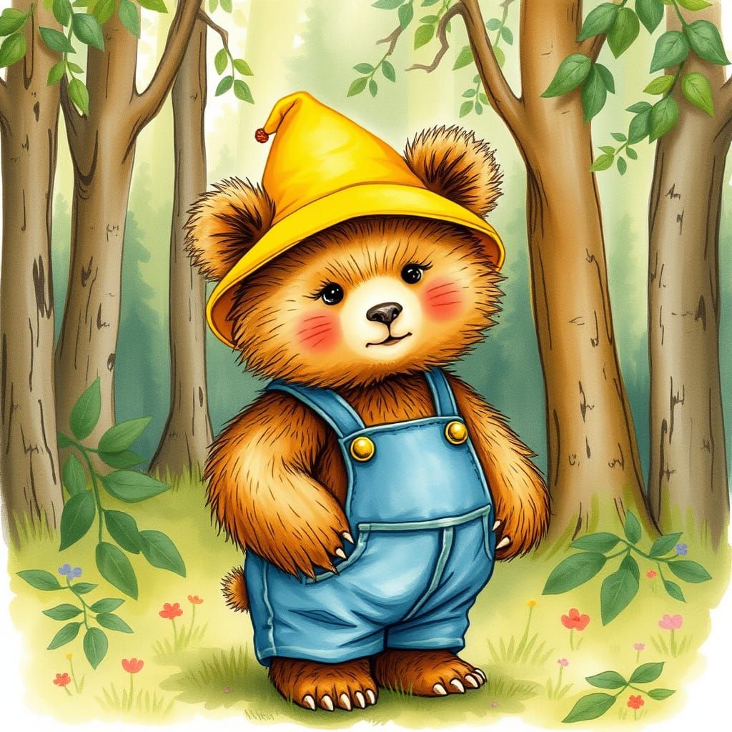 Whimsical Forest Bear in Bright Yellow Hat