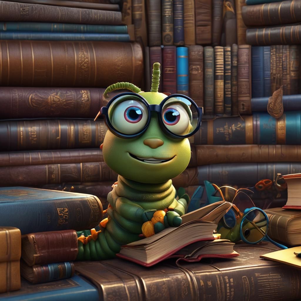 Cartoon Caterpillar Bookworm in Pixar Style