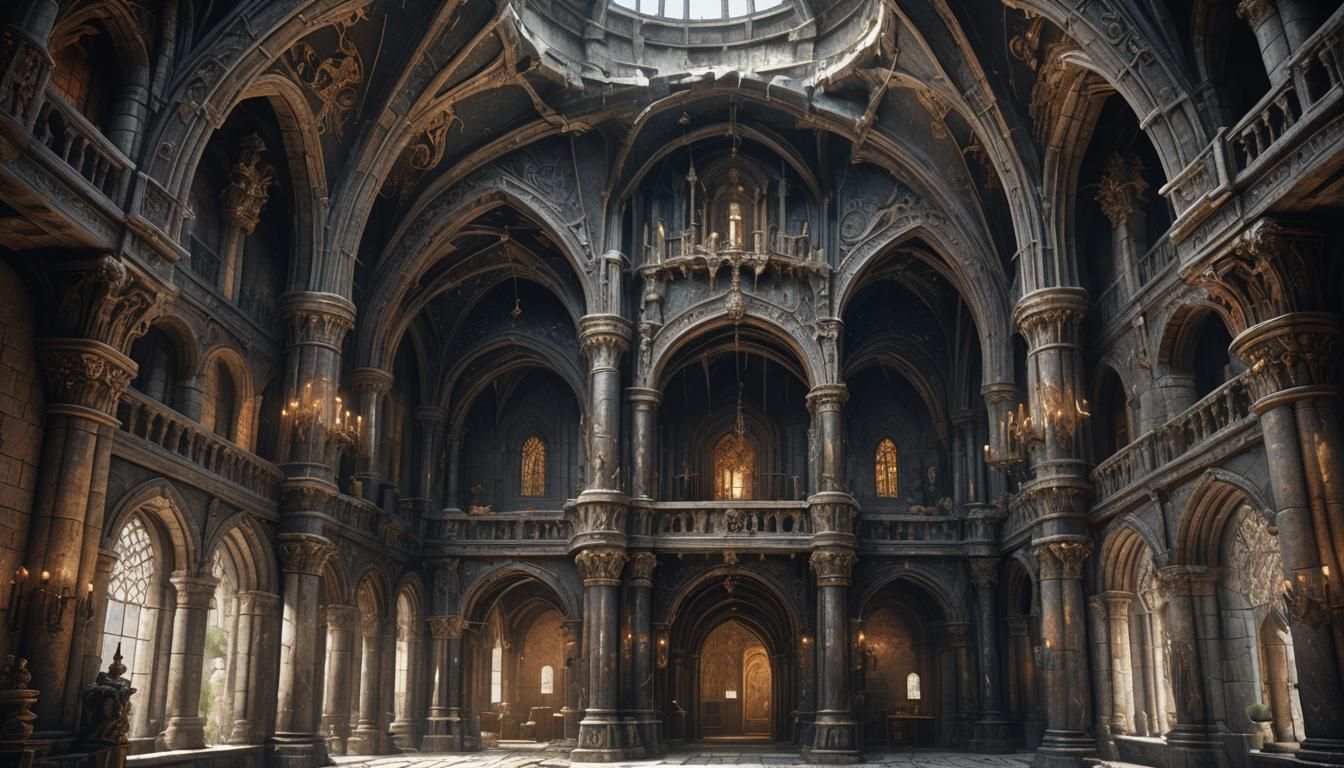 Dark Medieval Castle Interior with Armored Knights