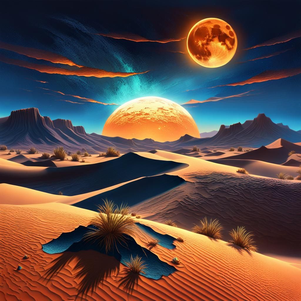 Broken Moon Over Desert Dunes in Fantasy Art