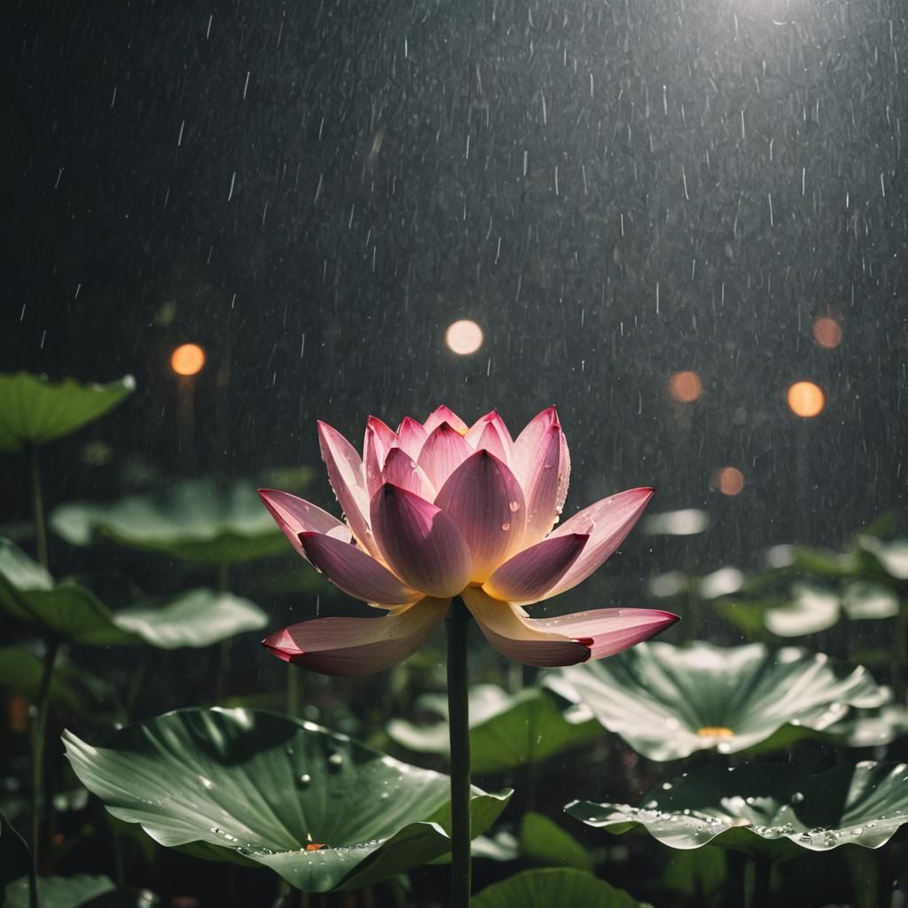 Raindrop on Lotus at Night: Cinematic Still
