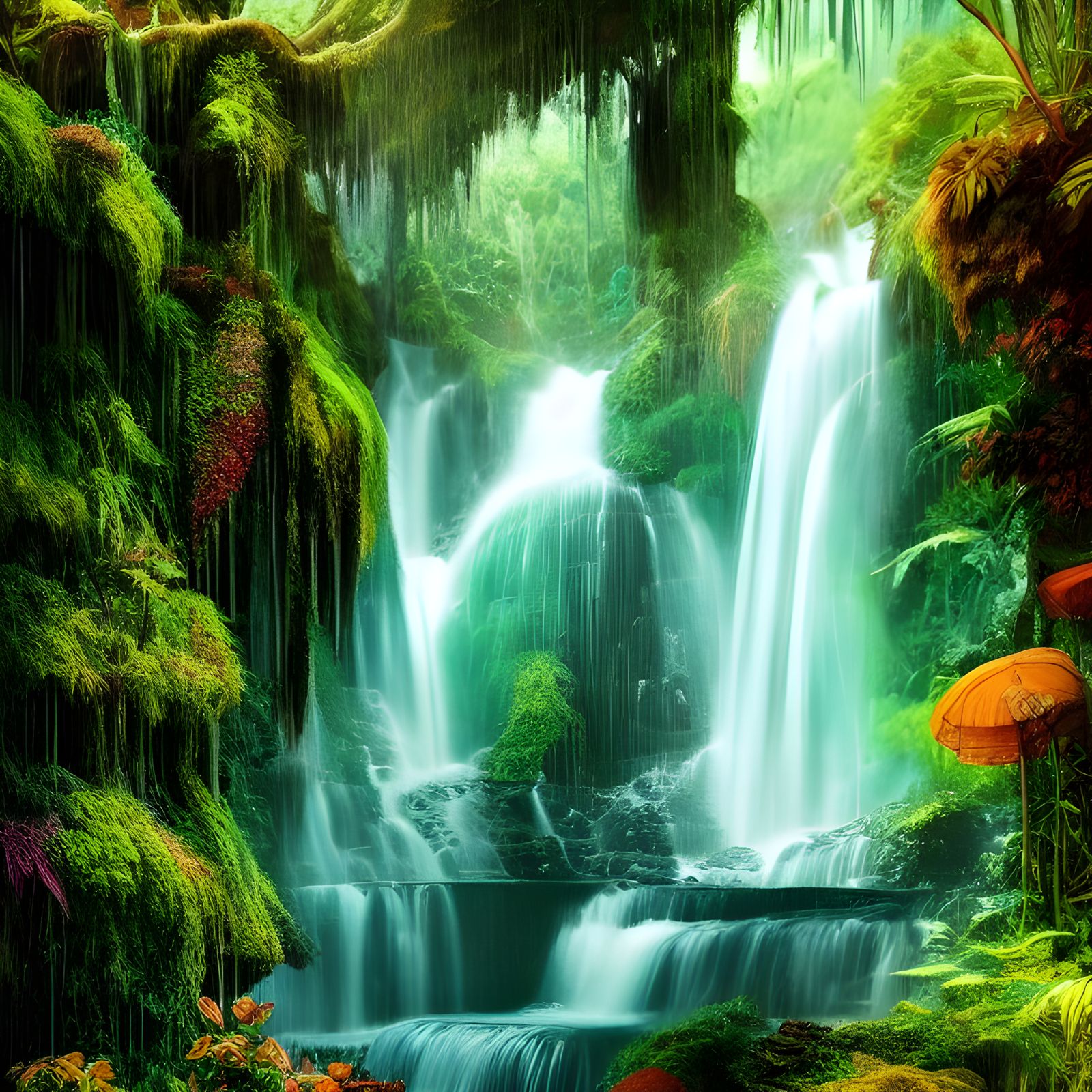 Magical Waterfall in Dense Rainforest, Hyperrealistic Digita...