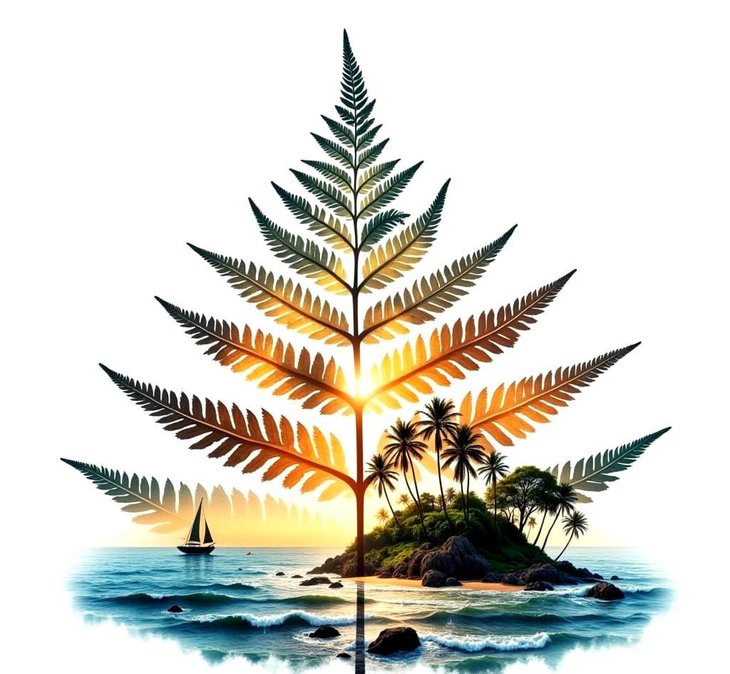Surreal Double Exposure of a Giant Fern and Tropical Beachsc...
