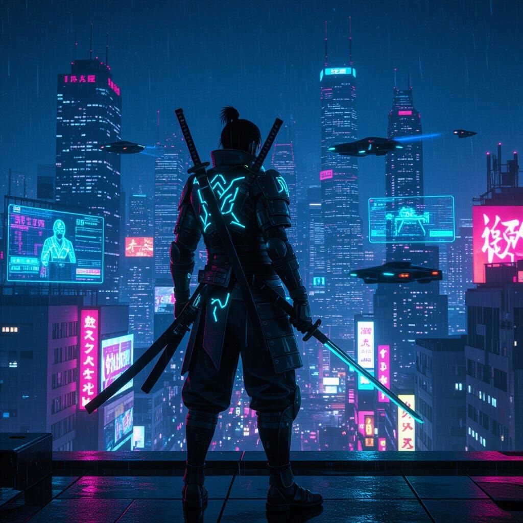 Cyberpunk Samurai Overlooking Neon Cityscape