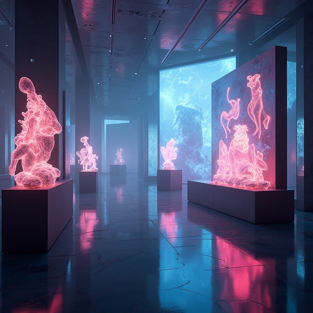 Ethereal Futuristic Art Gallery in Cyberpunk Aesthetic
