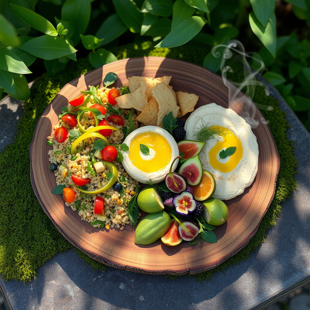 Plant-Based Feast on Mossy Stone Surface