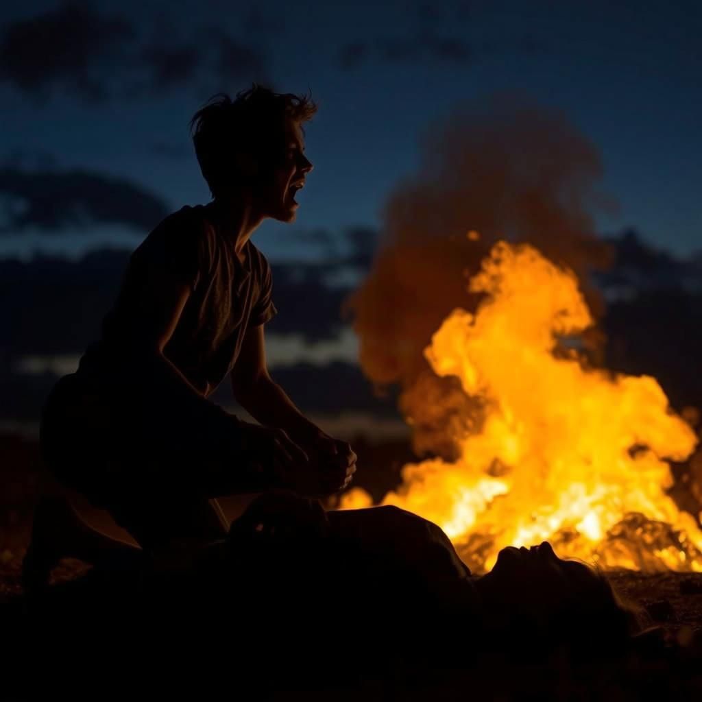 Silhouette of Man Grieving Loss Amidst Fiery Night