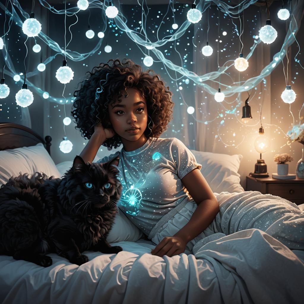 Bioluminescent Woman with Pets in Magic Sunlight