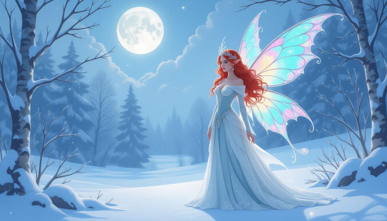 Red-Haired Fairy in Ethereal Winter Landscape