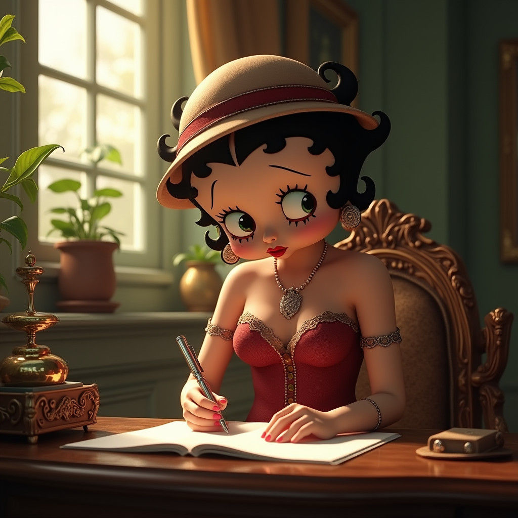 Betty Boop Writes at Antique Desk, Matte Painting Style
