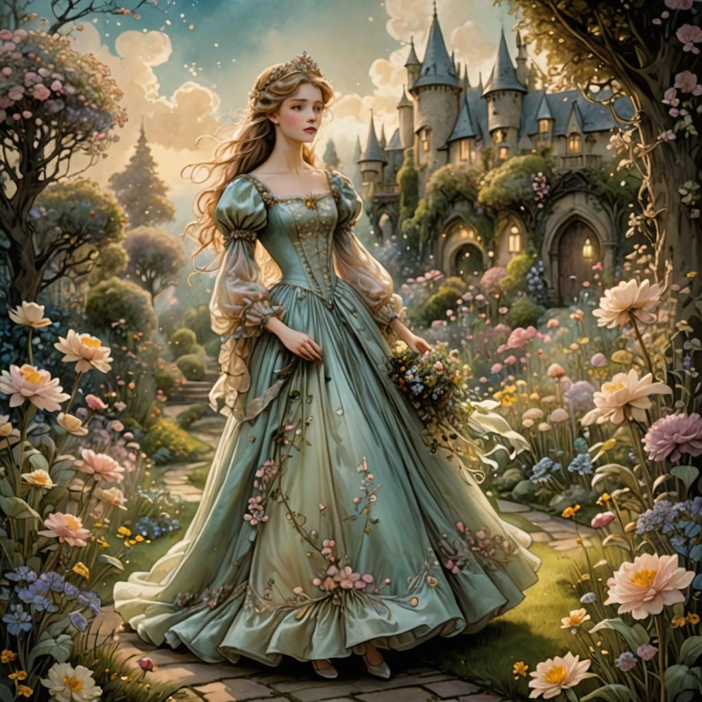 Fairytale Princess in Magical Garden, Rackham Style