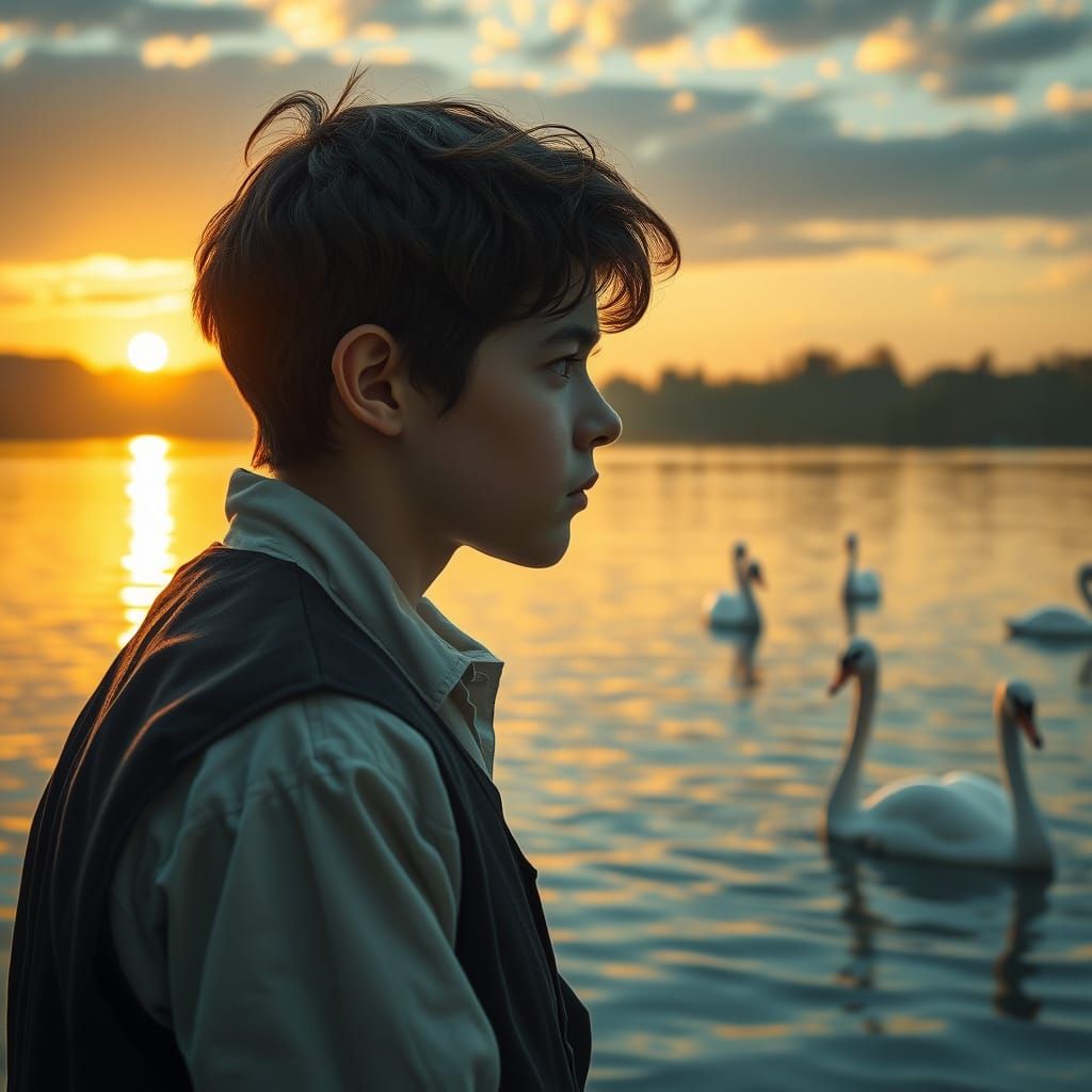 Boy Gazing at Lake at Sunset: Matte Painting