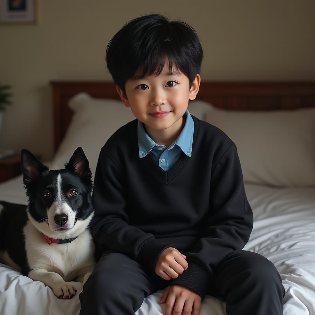 Realistic Portrait of a Boy with Loyal Dog