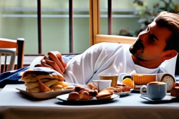 Man Asleep at Breakfast Table in Pyjamas