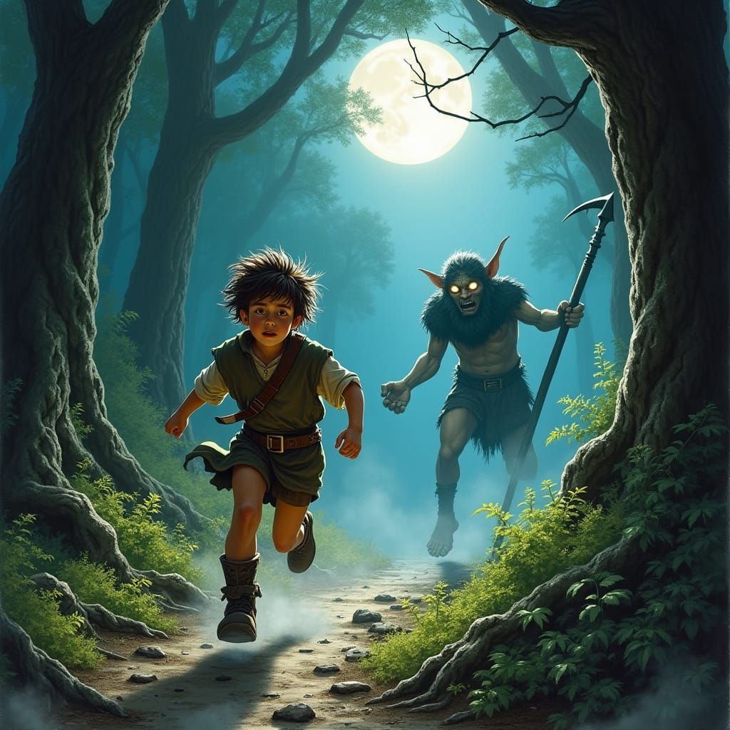 Boy Escapes Goblin Warrior in Fantastical Forest