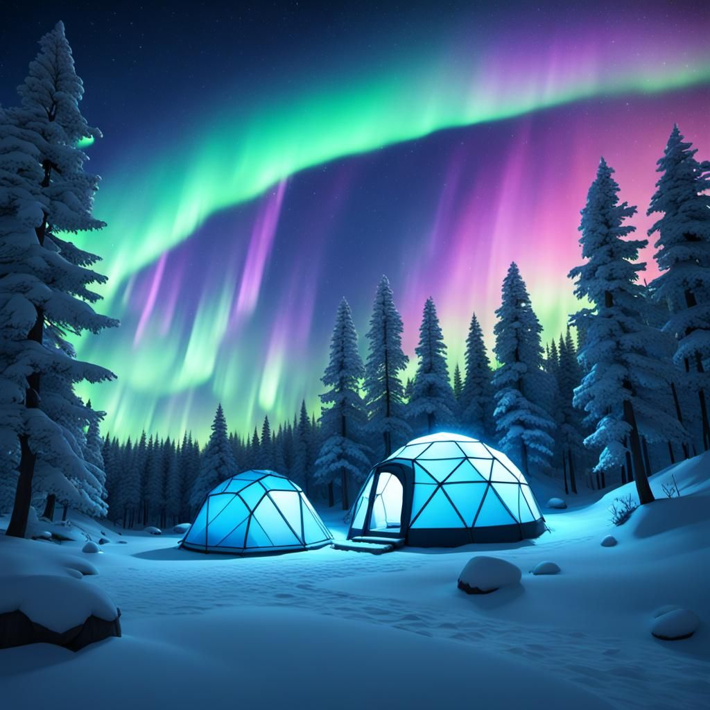 Igloo Camping Under Aurora Borealis: 3D Render