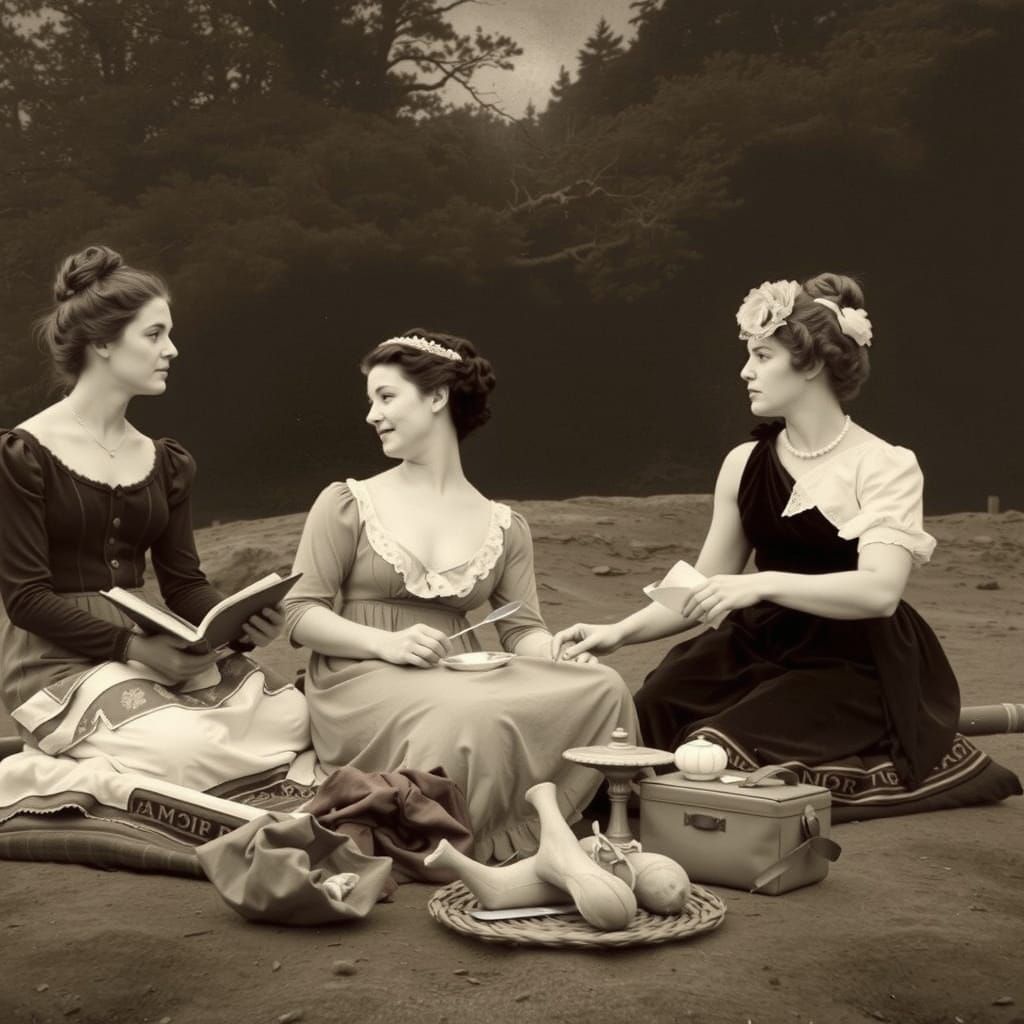 Victorian Women Picnic on Beach, Hyperrealistic