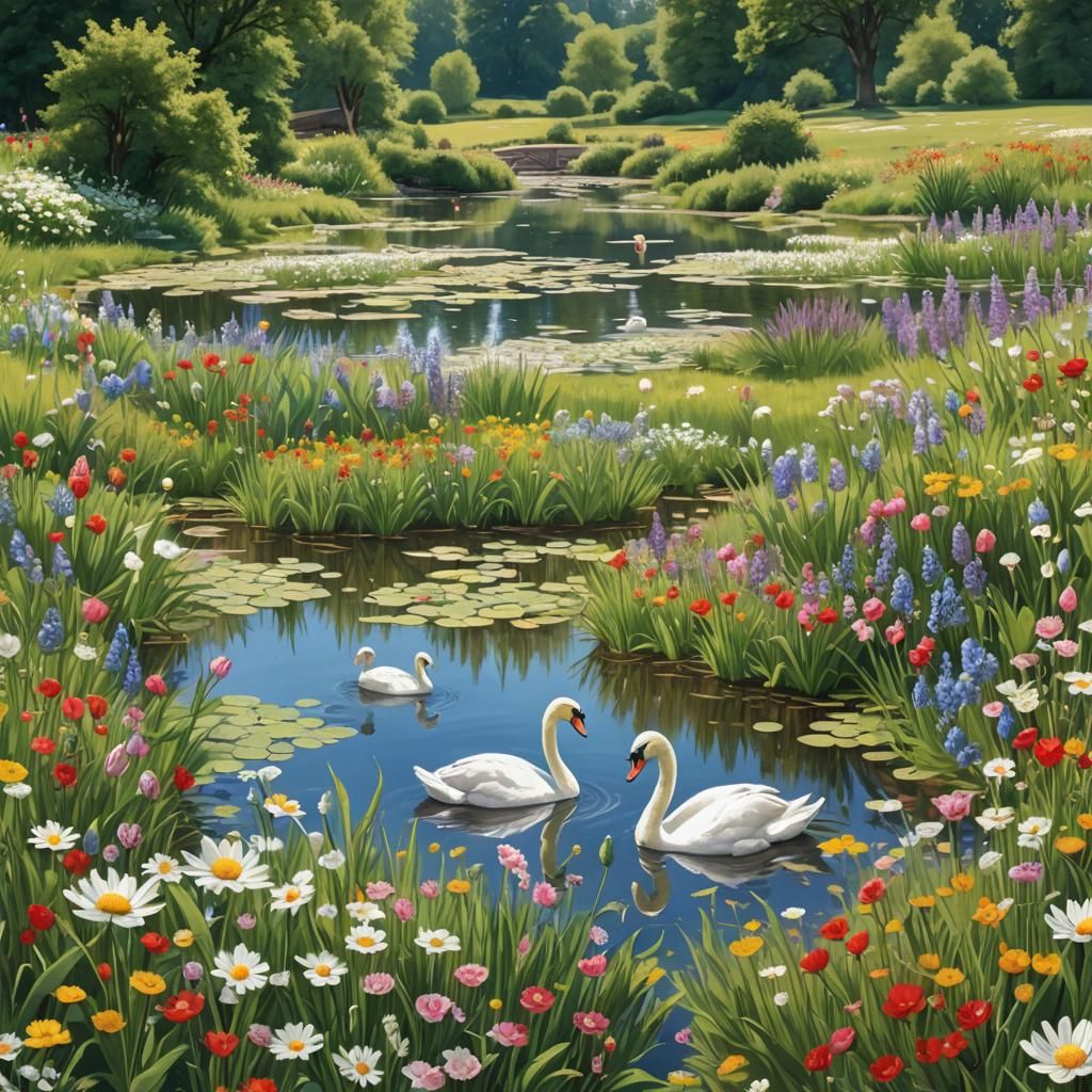 Swans in a Sunny Meadow