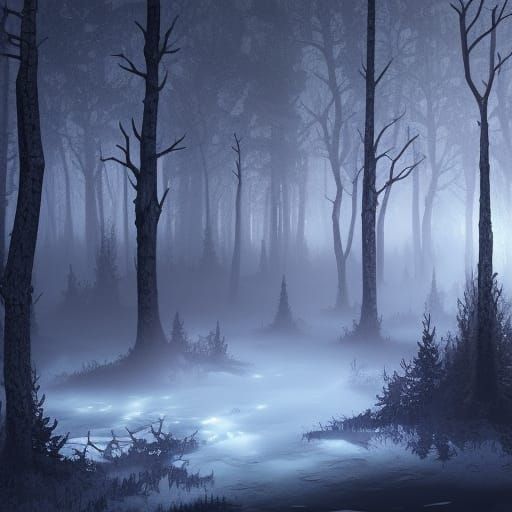 Dark Winter Forest with Shadow Wolves, Fantasy Art