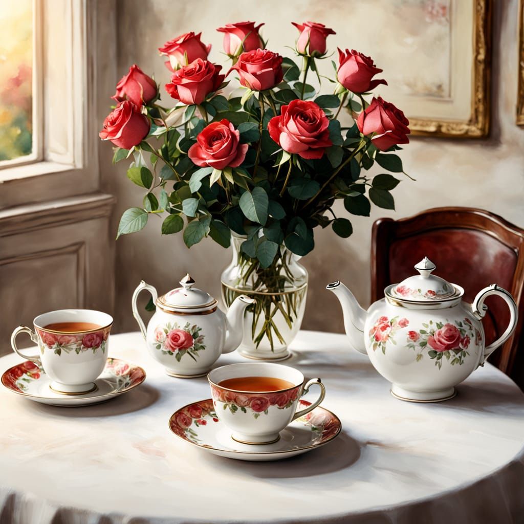 Antique Tea Set with Roses in Watercolor Style