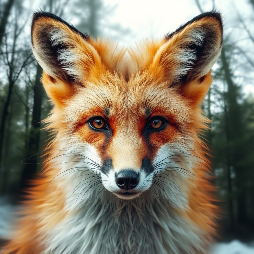 Double exposure fox with fluffy fur & hazel eyes, double exp...