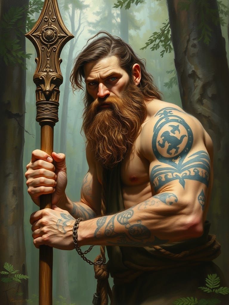 Gruff young Male brown hair and beard goliath with black rune tattoos druid holding a staff in a forest oil painting by ...