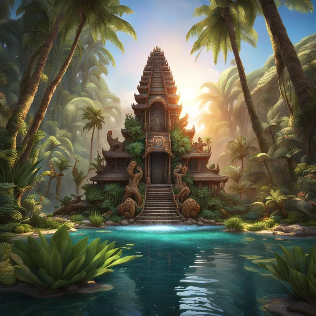 Exotic Jungle Temple Wood Sculpture at Sunrise