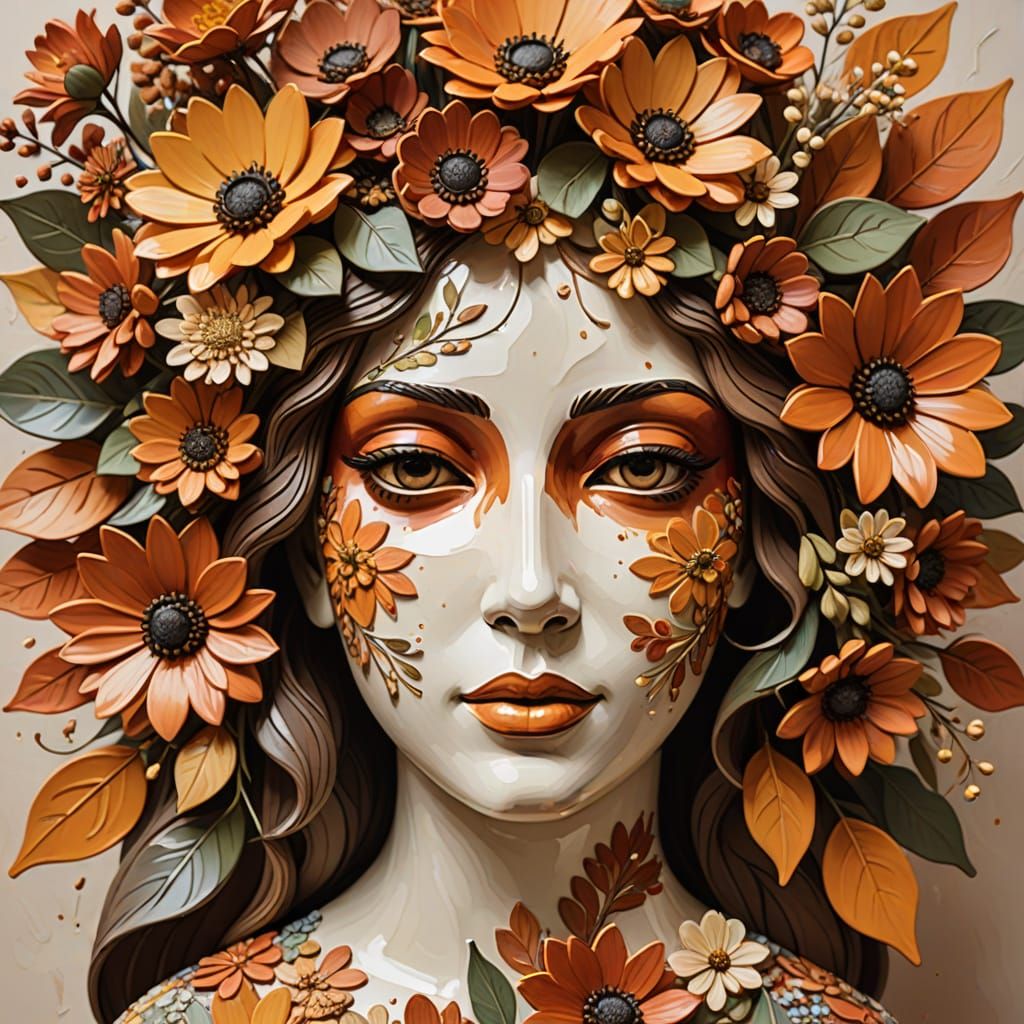 Face Vase Overflowing with Autumn Flowers in Stylized Illust...