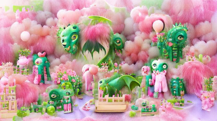 Ethereal Dreamscape: Pink and Green Monsters