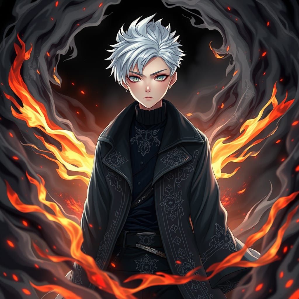 Boy Enveloped in Black Flames, Hyper-Realistic Anime Style