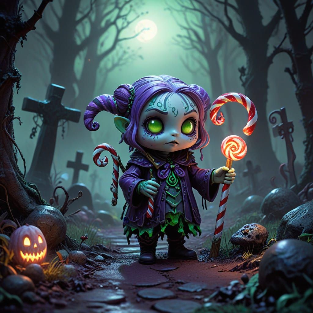 Cute Chibi Candy Spirit and Bufi Docletti in Graveyard
