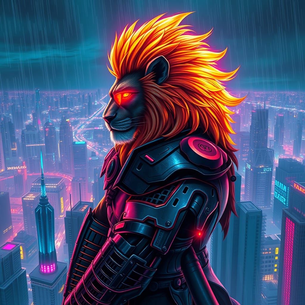 Cyberpunk Lion Samurai Overlook Neon Metropolis