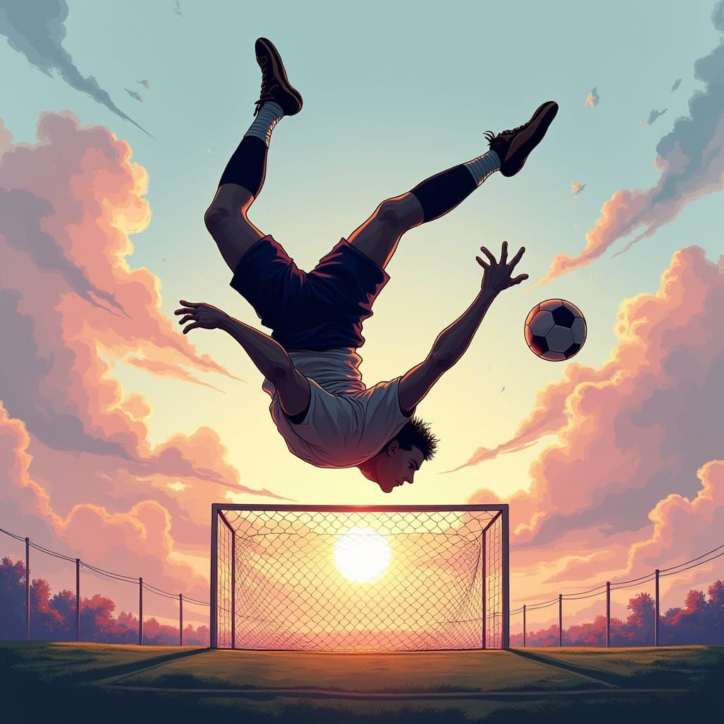 Surreal Footballer in Mid-Air Bicycle Kick, Anime-Inspired