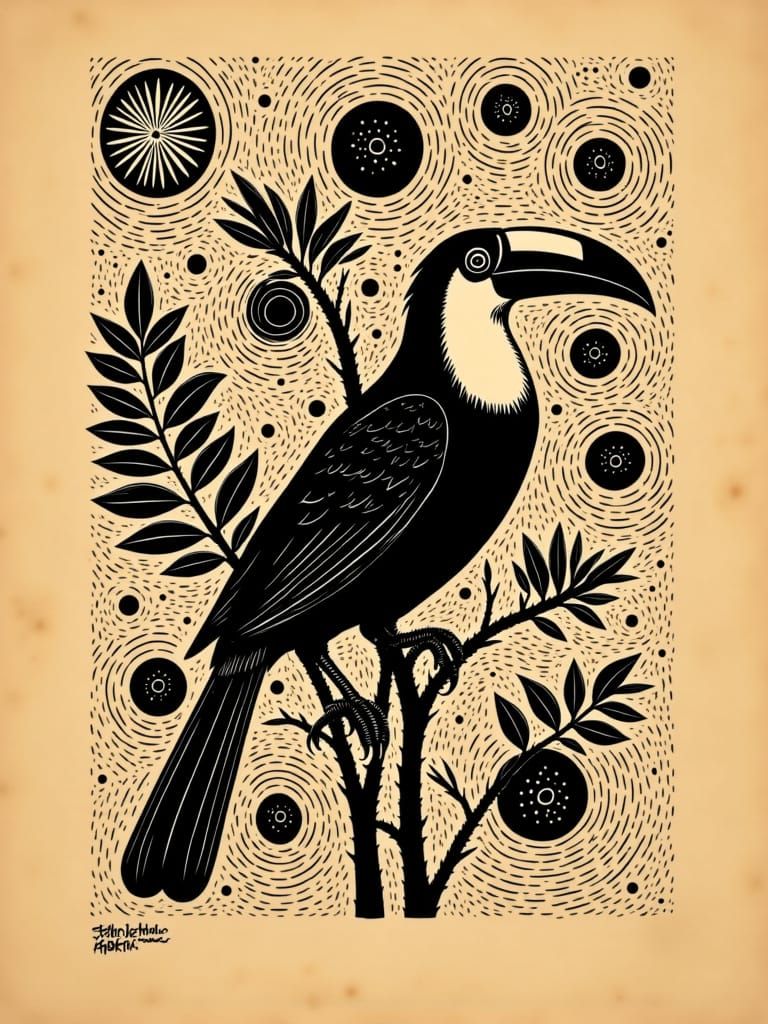 Stylized Toucan Illustration as Ink Print