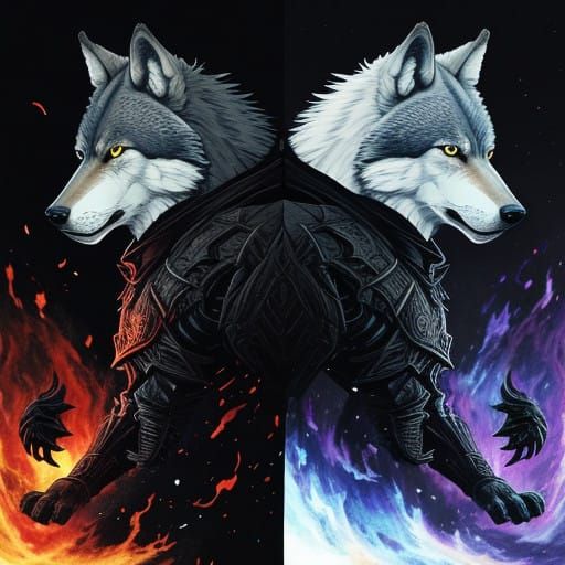 Shadow Wolf Battles Fiery Wolf in Epic Anime Scene