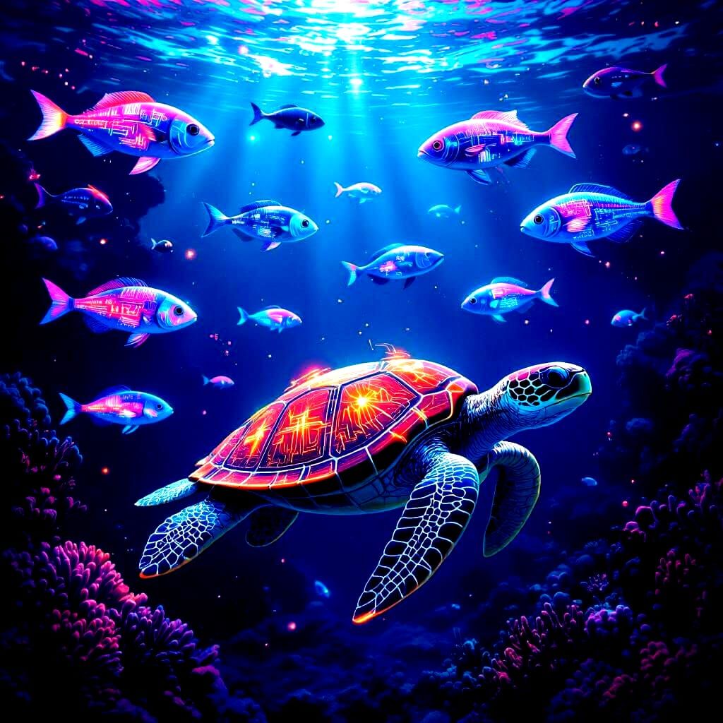 Cybernetic Coral Reef with Glowing Sea Turtle