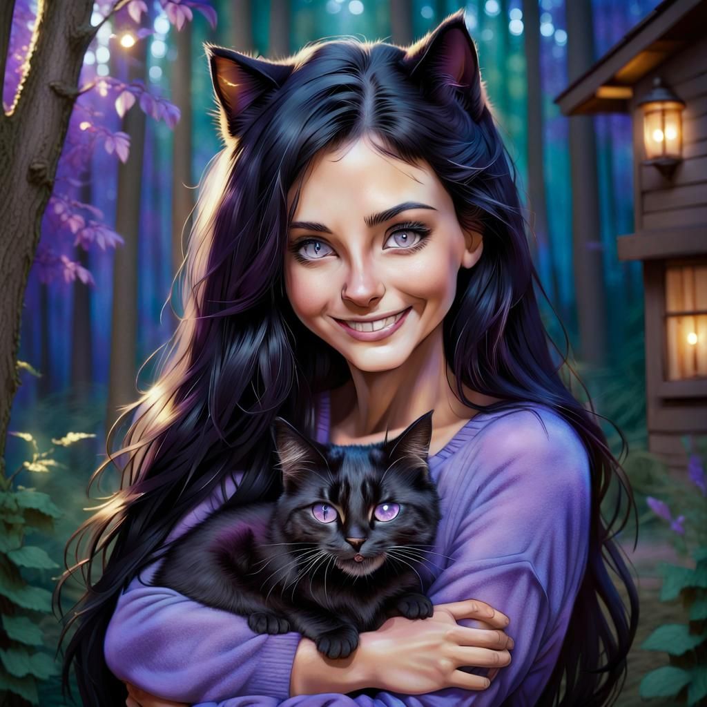 A beautiful woman with long black hair and hazel eyes lit up with a smile. Hugs her cat lovingly. Cute, perfect proporti...