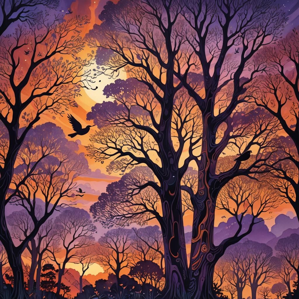 Cosmic Sunset with Peruvian Folk Art Details