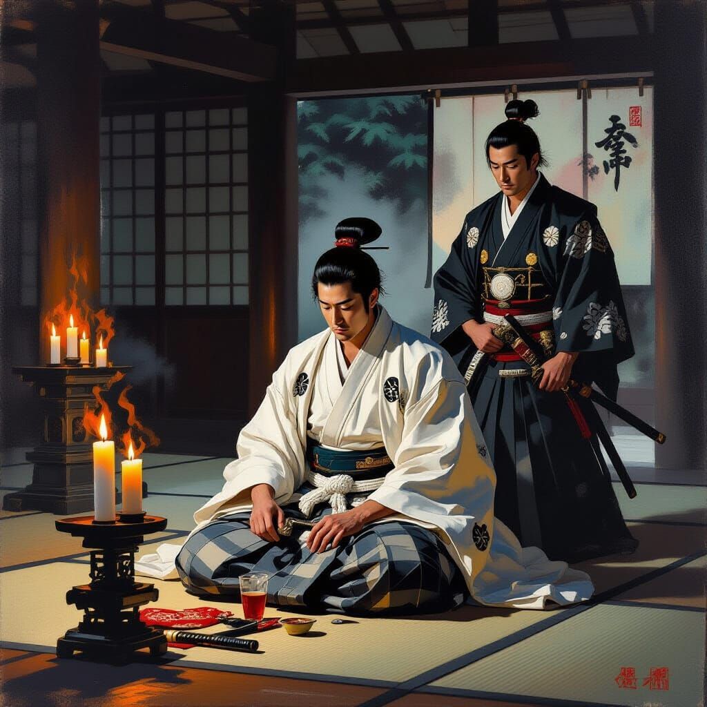 Daimyo Asano's Solemn Seppuku Ritual in Oil Painting Style