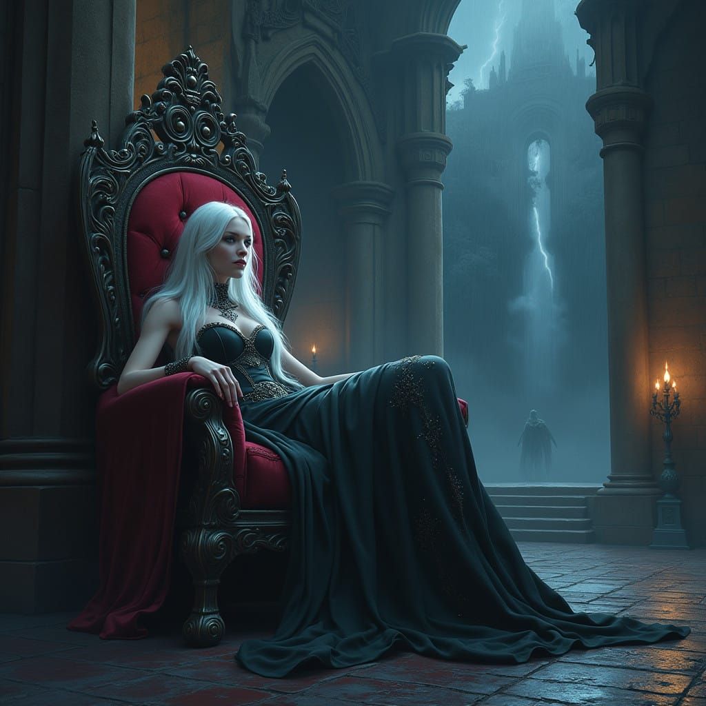 Serene Drow Goddess on Velvet Throne in Dark Castle