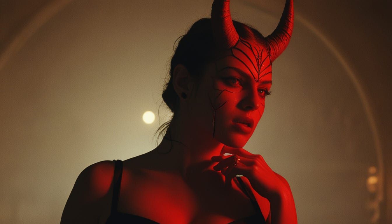 Devil Woman Portrait with Fiery Red Glow