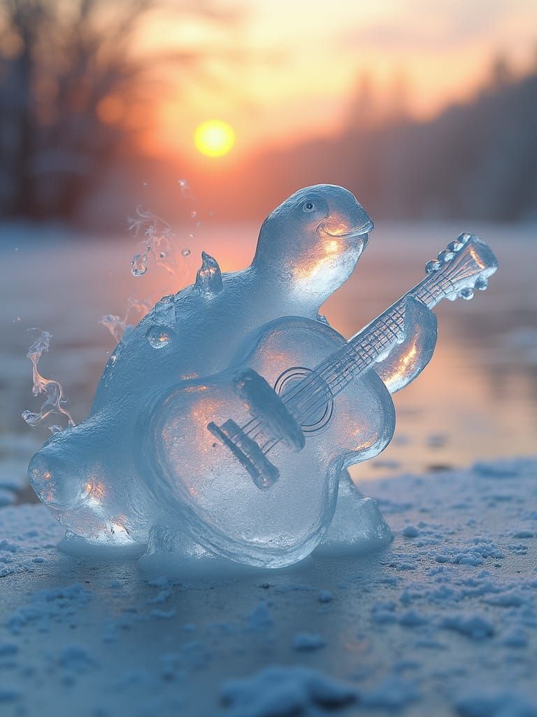Crystalline Turtle Ice Sculpture at Winter Sunset
