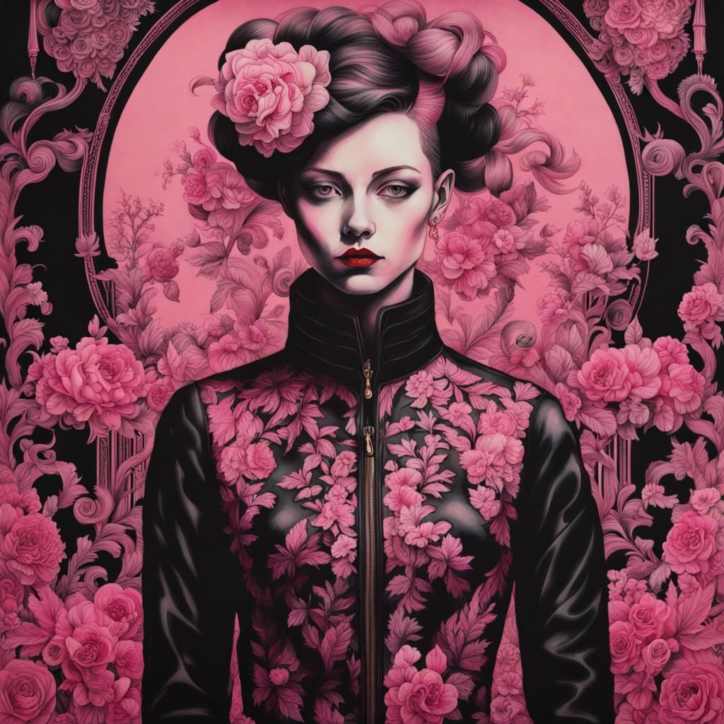 Stylish Punk Girl in Pink and Black Ink Wash