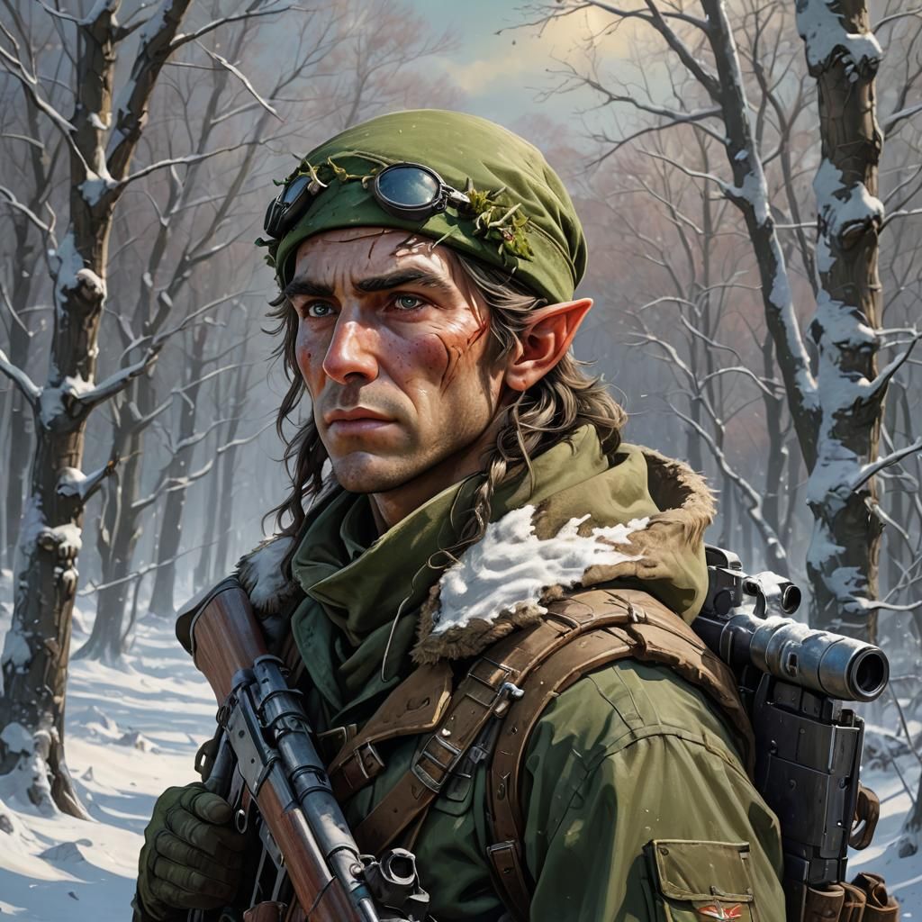 Hyperrealistic Elf Sniper in Winter Landscape