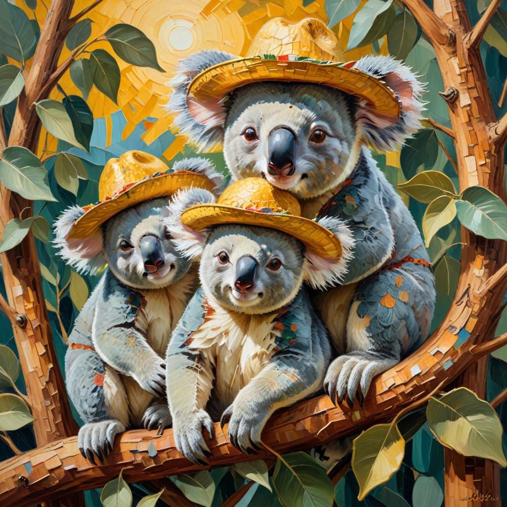 Koala Family's Siesta: An Impasto Oil Painting
