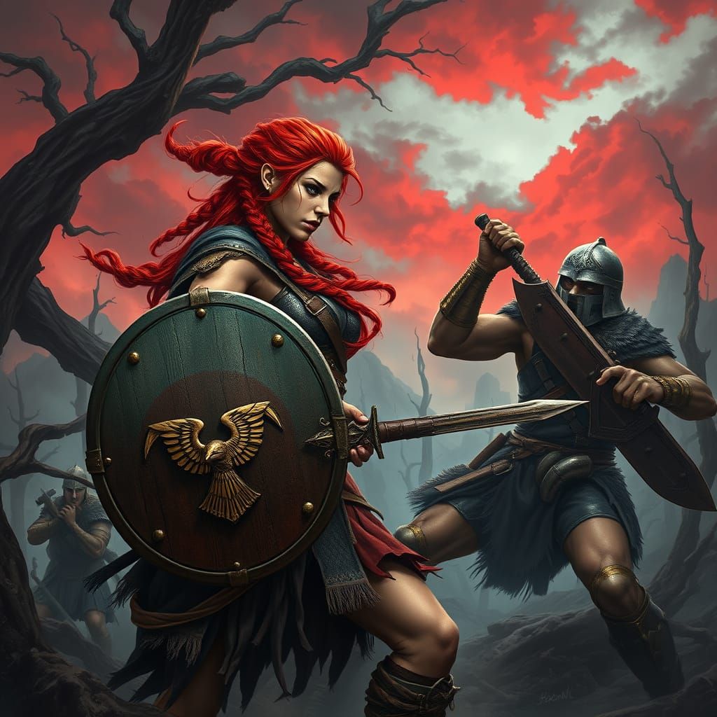 Viking Warrior Goddess Battles in a Bloody Red Sky