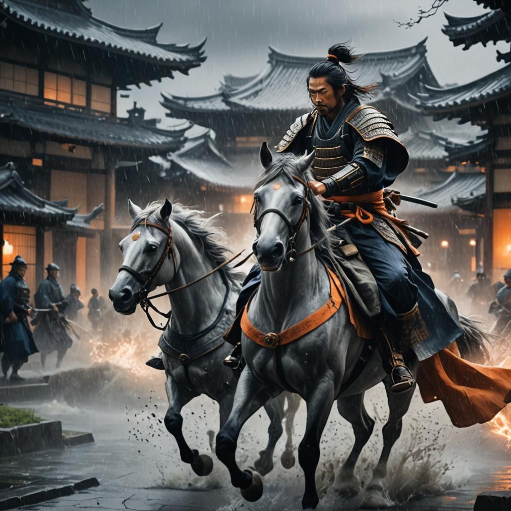 Samurai on Gray Horse in Storm, Fantasy Art