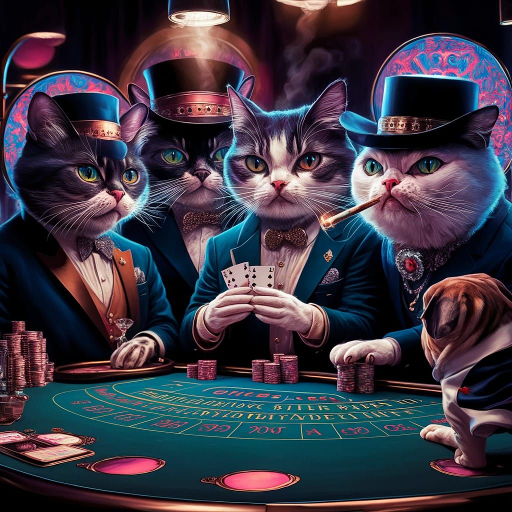 4 cats smoking and gambling at a Blackjack table, high stake...